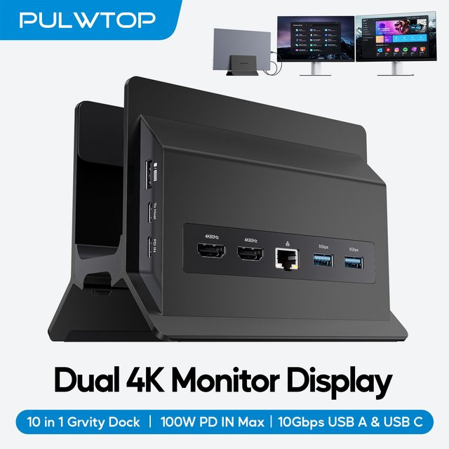 PULWTOP USB-C Dockingstation für Type-C Laptops mit Dual-Monitor-Unterstützung, HDMI 4K@60Hz, USB-A/C 10Gbps, Ethernet und USB-A 2.0, Schwarz - Bild 1