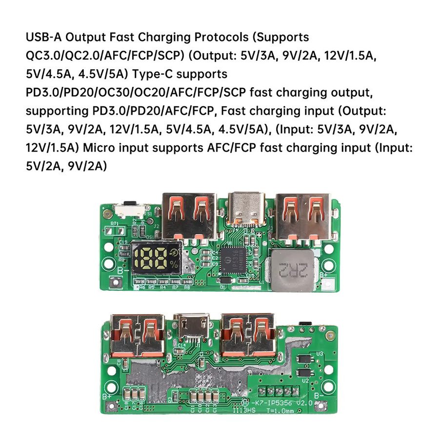 Gaqqee IP5356 Lithiumbatterie Schnelllademodul mit Digitalanzeige in Grün, unterstützt Typ-C, Micro USB, QC3.0/2.0, PD3.0, PD2.0 und AFC/FCP - Bild 2