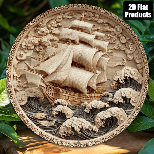 Runde Aluminium-Wandkunst mit Segelboot-Motiv von CIFBUY, Metallschild für maritime Dekoration, Durchmesser: 20,32 cm - Bild 1