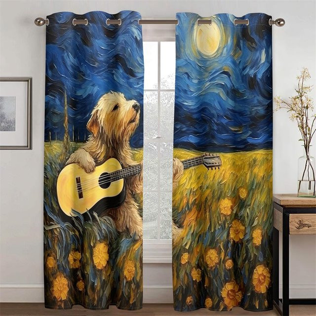 Dekorative Vorhänge im Van Gogh Ölmalerei Stil mit Pastorale Collie und Gitarre, 2er Set, Mehrfarbig, Breite: 50 cm, Höhe: 130 cm - Bild 1