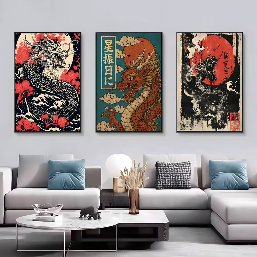 Potdemiel Wandkunst Poster Asiatischer Chinesischer Drache Schattenwellen auf Kunstleinwand in Mehrfarbig - Bild 2