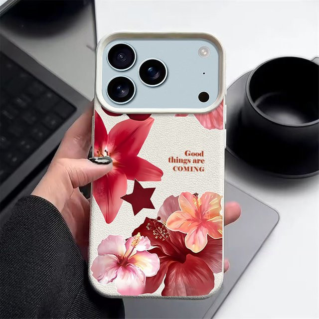 MOESOE Handyhülle mit realistischem Blumenmuster für iPhone 17 16 15 14 13 12 Pro Max und weitere Modelle, stoßfeste TPU Softcover mit Lederstruktur in Orange Multicolour - Bild 1