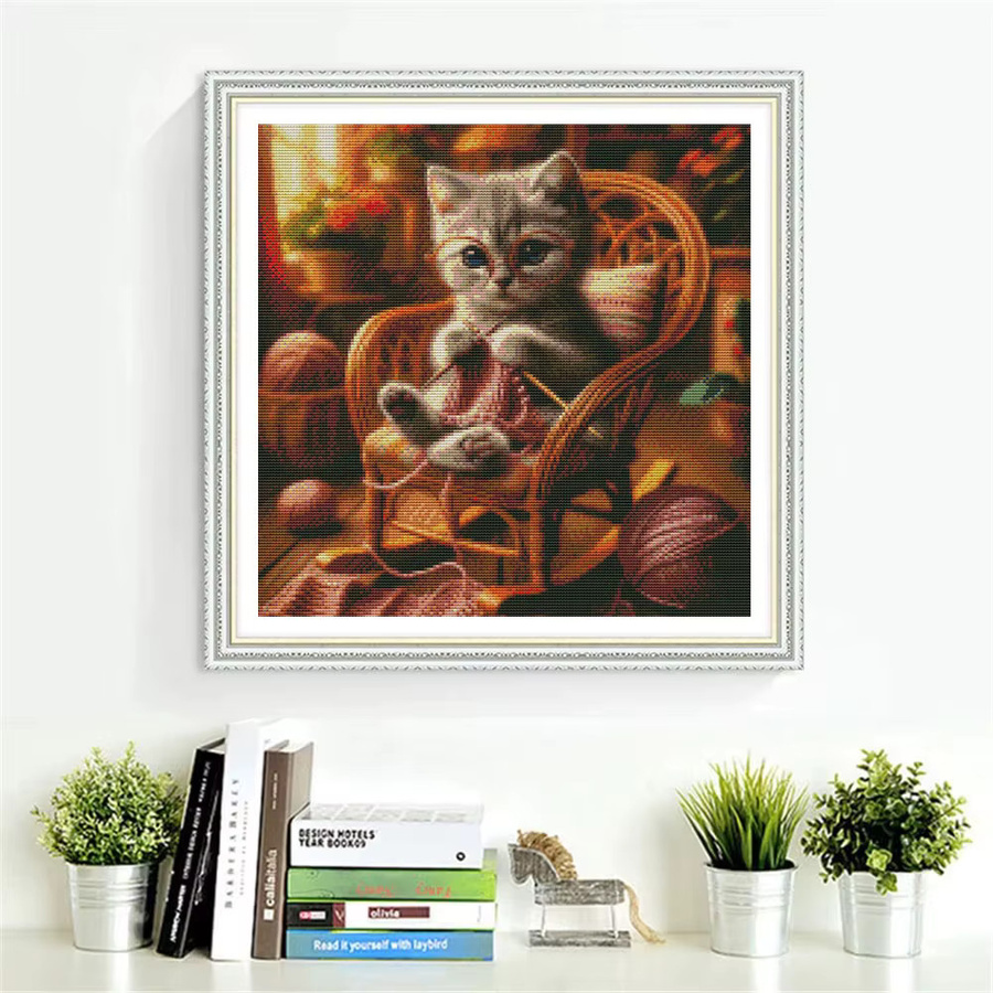 HUACAN Kreuzstich-Set Katze mit Sonnenuntergang, Stickerei-Set für Handarbeiten in Multicolor, 11 Karat Wanddekoration, B/H: 30 x 30 cm - Bild 3