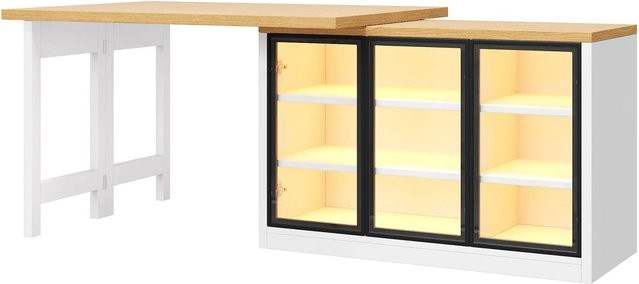 Merax Kücheninsel mit ausziehbarem Esstisch und Seitenschrank in Weiß mit 360 Grad Drehfunktion und LED-Beleuchtung - Bild 1