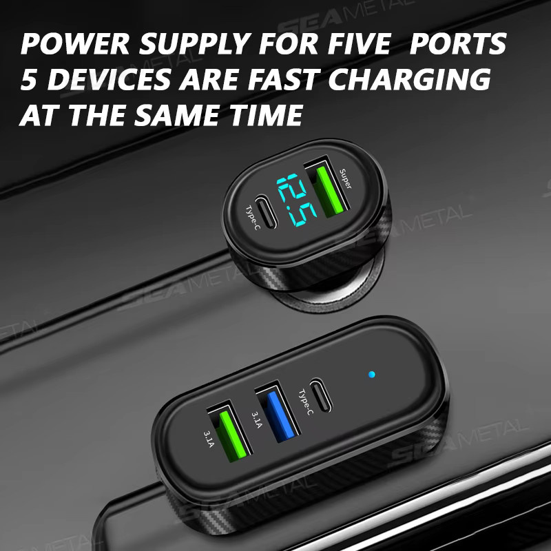 SEAMETAL 5-in-1 Auto-USB-Ladegerät mit 66 W Schnellladung, 5 Anschlüssen inklusive USB-C und USB-A, Schwarz, 150 cm Kabellänge - Bild 3