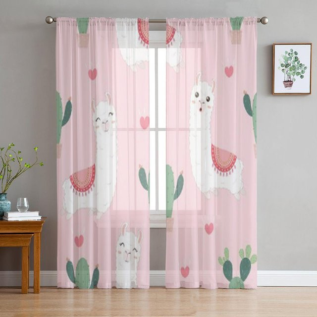 Super Six Transparente Organza-Vorhänge mit Alpakas und Kaktus-Cartoon-Motiv in Rosa und Weiß, B: 135 cm, H: 114 cm - Bild 1