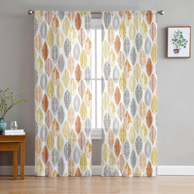 A Family Of Home Textiles Transparente Tüll-Vorhänge mit floralem Blattmuster in Grau, Gelb, Orange und Weiß, B: 135 cm, H: 114 cm - Bild 1