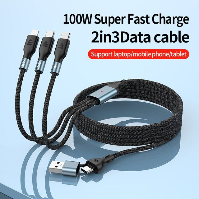 Deepartner Drei-in-Eins-Ladekabel mit 100W Schnellladefunktion für Huawei, Android und Apple in Schwarz - Bild 1