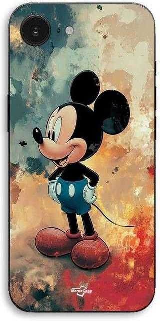 Maniacase iPhone 16E Hülle mit Mickey Motiv und abstraktem Texturhintergrund in Schwarz und Multicolour - Bild 1