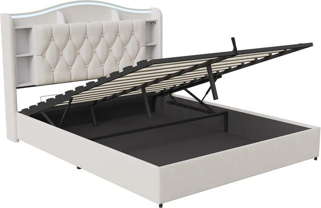 PXloue Doppelbett Beige mit Stauraum, LED-Beleuchtung und USB-Ladestation, B/T/H: 160 x 200 x 110 cm - Bild 1