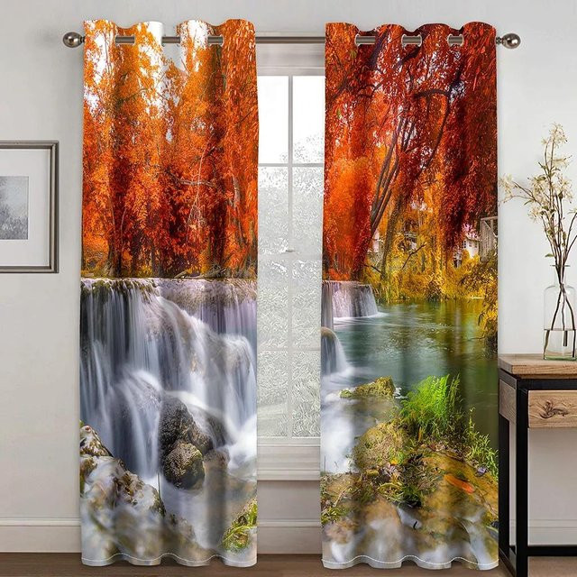Naturlandschaft Fenstervorhang mit 3D-Druck Motiv Sonnenschein Wald und Wasserfall, halbtransparent, mehrfarbig, Breite: 50 cm, Höhe: 60 cm - Bild 1