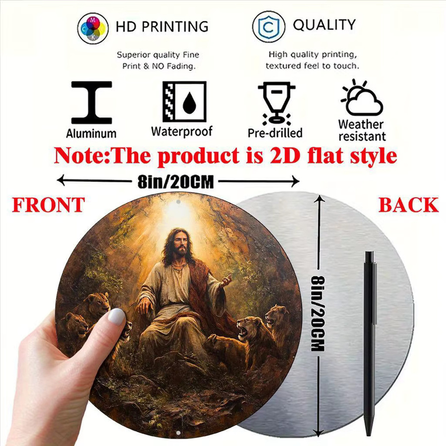 Potdemiel Rundes Metallschild im Vintage-Stil mit Jesus im Löwen-Den-Motiv, Durchmesser: 20 cm, Mehrfarbig - Bild 2