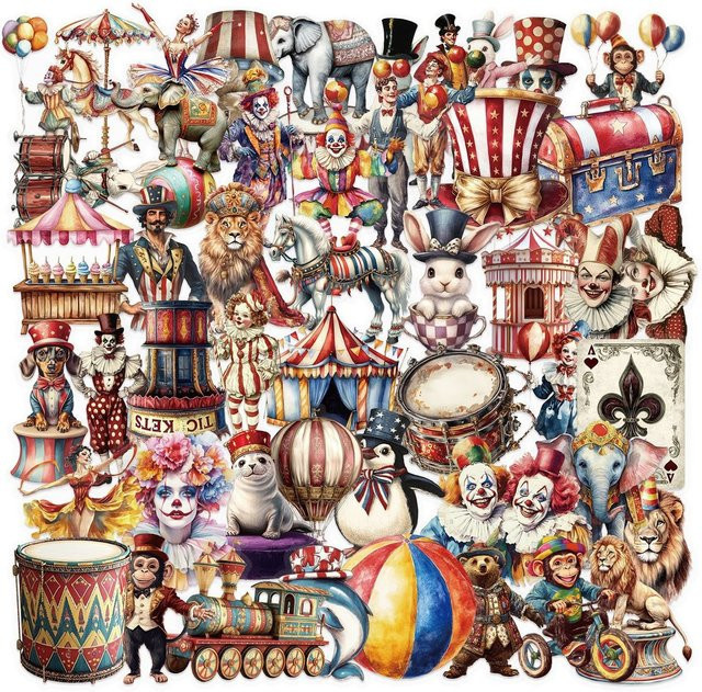 50 Stück transparente Cartoon-Zirkus-Aufkleber aus wasserfestem PET von Anime Worlds Store in Multicolour - Bild 1