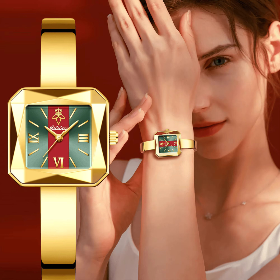 Yalalusi Armbanduhr, Quarz, Edelstahl, Gold, Eckig, Damen - Bild 2