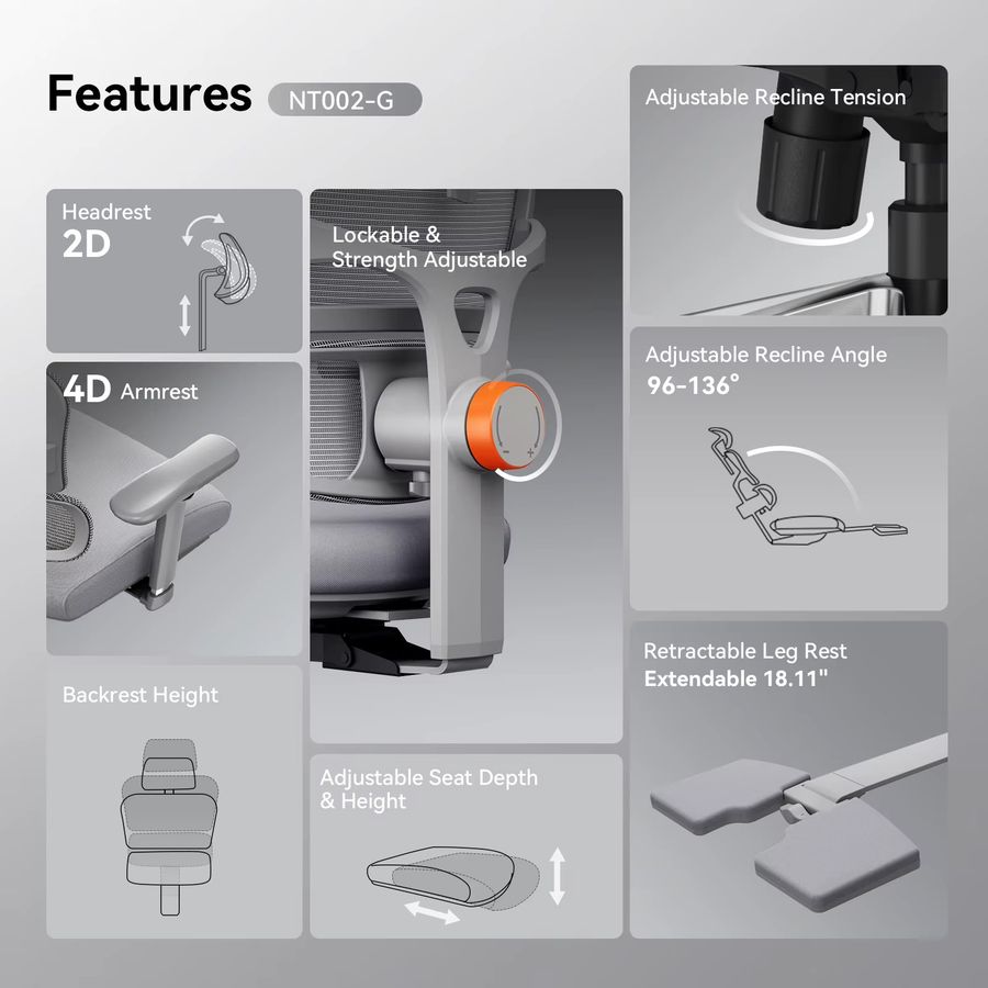 NEWTRAL NT002 Ergonomischer Bürostuhl aus Mesh mit Fußstütze, adaptiver Lordosenstütze, 3D Armlehnen und verstellbarer Kopfstütze in Grau - Bild 3