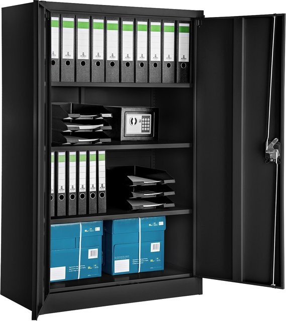 tectake Aktenschrank aus pulverbeschichtetem Stahl mit 2 Flügeltüren und höhenverstellbaren Einlegeböden, Schwarz, B/T/H: 90 x 40 x 140 cm - Bild 1