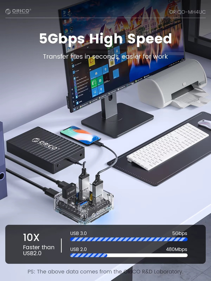 ORICO USB 3.0 Hub mit 4 Ports und Netzteil, transparenter USB-C-Adapter und Dockingstation für PC und Laptop - Bild 2