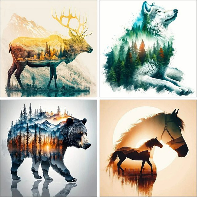 Momoart 4-teiliges DIY Diamantgemälde Set mit Tier-Motiven Wolf Hirsch Bär und Pferd in Multicolor, rundes Diamantmosaik für Anfänger, B/H: 20 x 20 cm - Bild 1