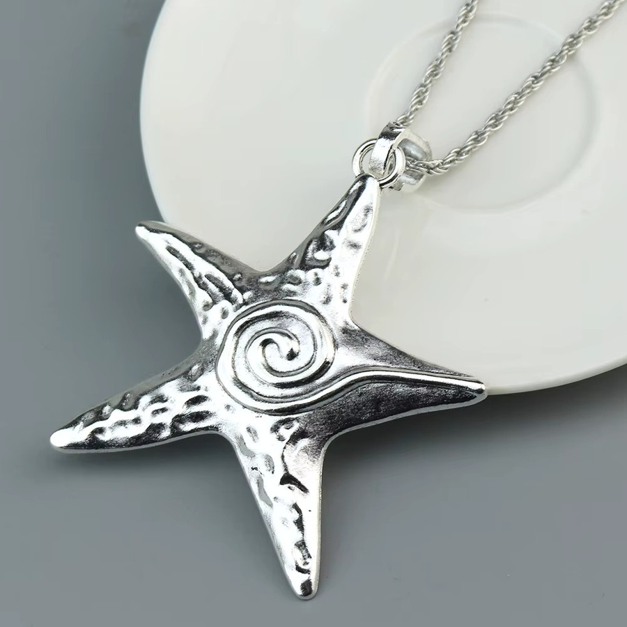 Halskette Metall, Silber, Pentagramm Stern, Seestern Anhänger, Unisex - Bild 1