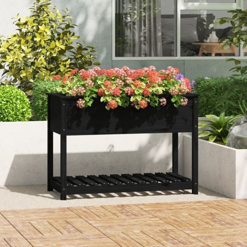 Vidaxl Pflanzkübel mit Ablage aus Massivholz Kiefer in Schwarz B: 111,5 cm, T: 54 cm, H: 81 cm - Bild 1
