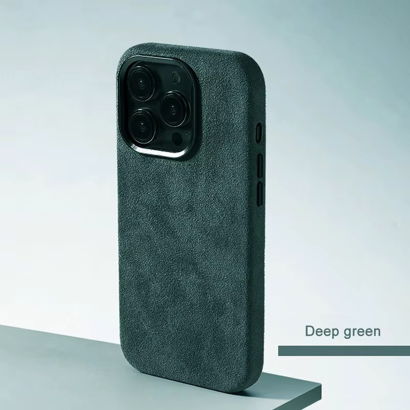 Magnetische Lederhülle für Apple iPhone 12 bis 17 Pro Max in Blau mit Wildleder-Details und Metallknöpfen - Bild 4
