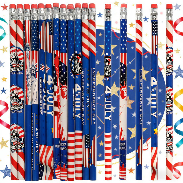 12 Stück HB-Bleistifte mit amerikanischem Motiv und Radiergummis in Mehrfarben zum Zeichnen und Schreiben - Bild 1
