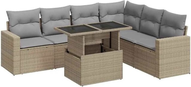 vidaXL 7-teilige Garten-Sofagarnitur in L-Form aus Poly-Rattan in Beige-Grau mit wetterfesten Kissen und pulverbeschichtetem Stahlgestell - Bild 1