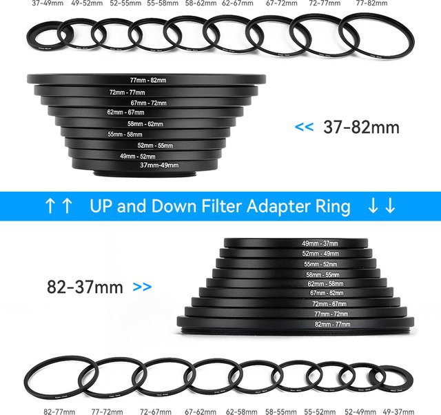 SZKOSTON Kameraobjektivfilter Step Up & Down Ringadapter Set aus Metall, Farbe: Schwarz, 37-82mm und 82-37mm - Bild 1