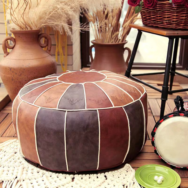 Runder Sitzkissenbezug im marokkanischen Patchwork-Design aus Kunstleder in Braun, ungefülltes Bodenkissen für Ottomane und Fußschemel - Bild 4