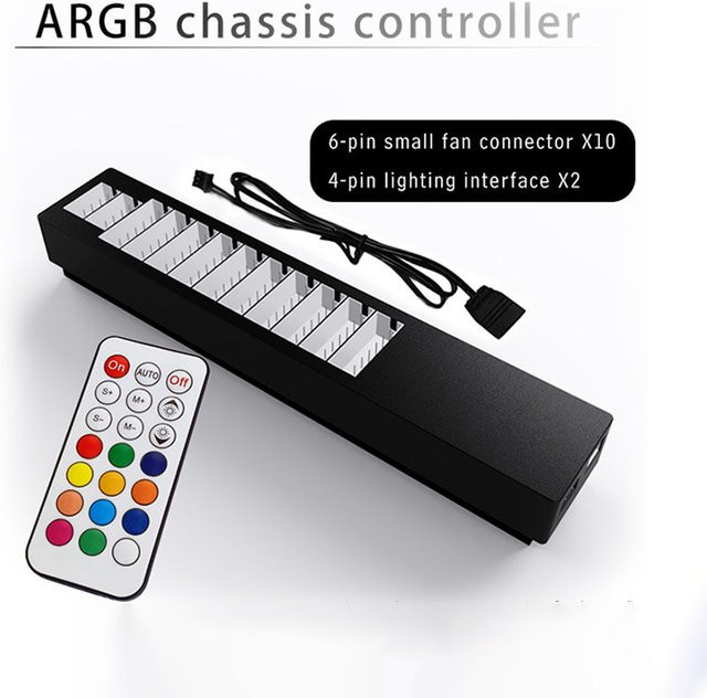 AuyiHomu RGB PC-Hub mit Fernbedienung für 10 Lüfter und 2 Lichtstreifen in Schwarz mit 4-Pin Farbsynchronisierung - Bild 1