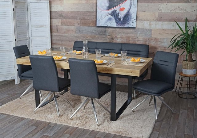 Esszimmer-Set MCW-H70 in Dunkelgrau mit Stoffbezug und gebürstetem Edelstahl, Breite: 160 cm - Bild 1