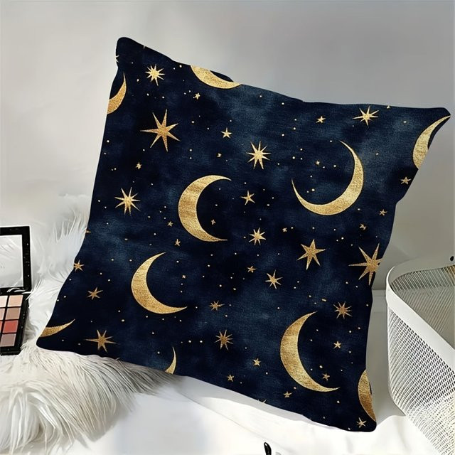 VIKAMA Dekokissen mit goldenem Halbmond- und Stern-Design in Blau und Gold, quadratisch, 45 x 45 cm - Bild 1