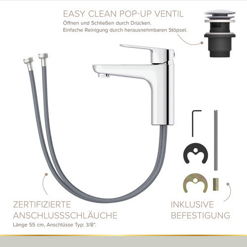 LENZ Waschtischarmatur NANI aus Messing in Chrom und Silber mit Pop-up-Abfluss - Bild 1