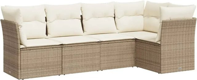 vidaXL 5-teilige Garten-Sofagarnitur in L-Form aus Poly-Rattan und pulverbeschichtetem Stahl mit Kissen in Beige-Creme - Bild 1