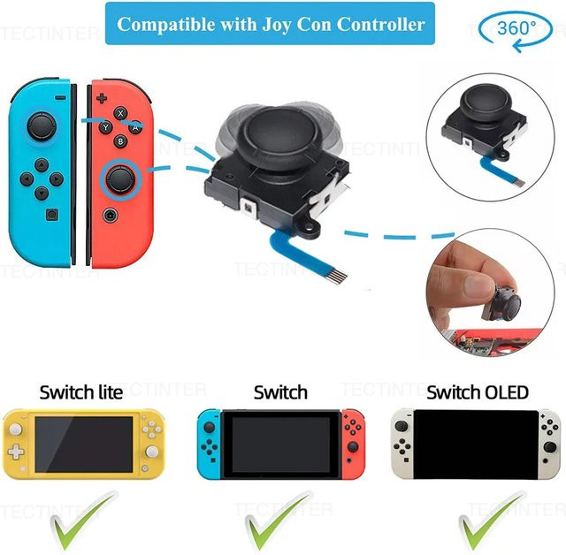 TECTINTER 2 Stück Joystick-Ersatz für Nintendo Switch und NS OLED, 3D Analog ThumbStick Reparaturteile Werkzeugset, Schwarz - Bild 1