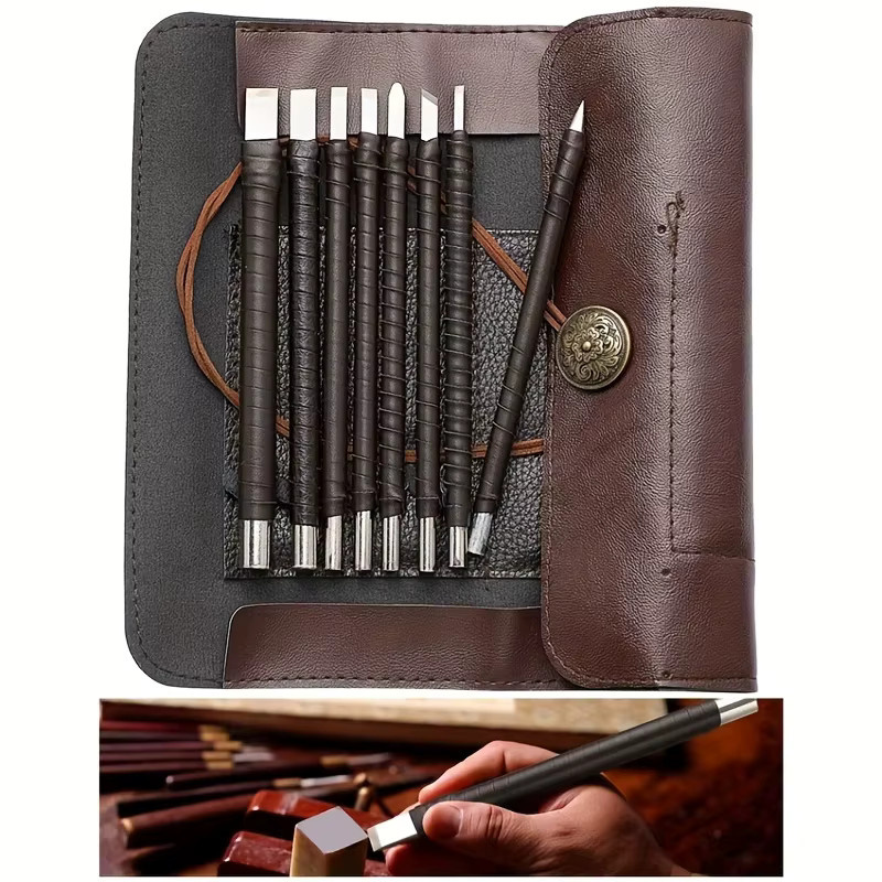8-teiliges Schnitzmesserset aus Wolframstahl mit Ledergriff und Tasche in Braun - Bild 6