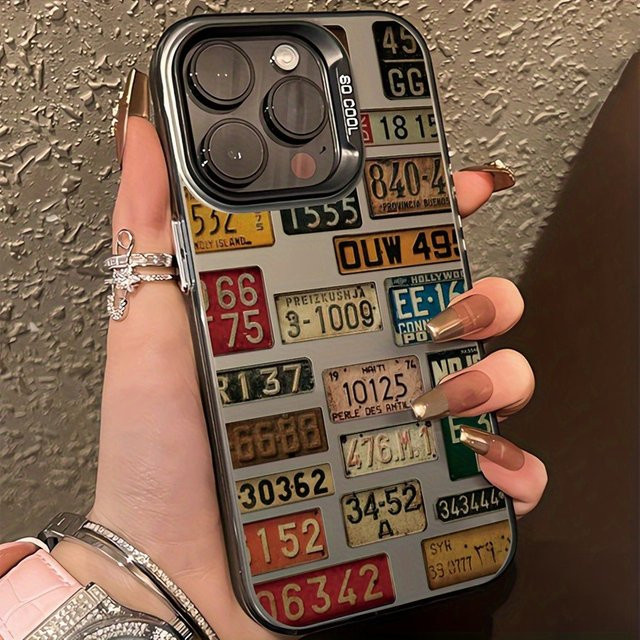 Galvanisierte TPU-Handyhülle mit Vintage-Kennzeichenmuster für Apple iPhone, Schwarz/Mehrfarbig - Bild 1