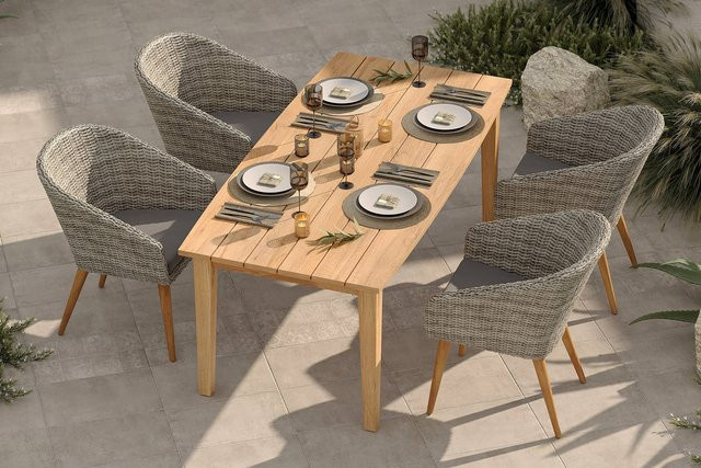 OUTFLEXX Borneo/Kota Garten-Essgruppe aus Akazie, Alu und Polyrattan in Natur/Grau-meliert mit Tisch und 4 Cocktailsesseln, B/T: 180 x 90 cm, FSC-zertifiziert - Bild 1