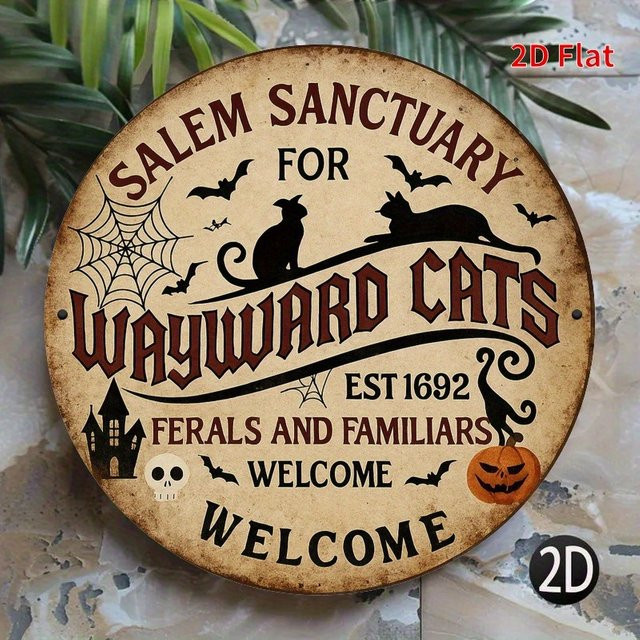 Salem Sanctuary for Cats Halloween-Schild von Potdemiel – Schwarze 2D-Wanddekoration mit Fledermäusen und Kürbissen - Bild 1