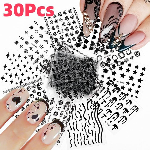MAFANAILS Nagelaufkleber, 3D Stern und Herz, Schwarz, 30 Stück - Bild 1