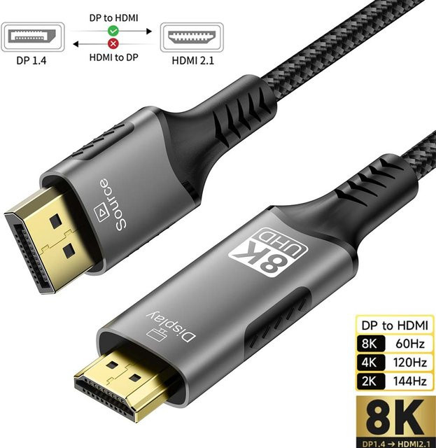 FDBRO DisplayPort zu HDMI Kabel 8K DP1.4 zu HDMI 2.1 Konverter in Schwarz für Desktop Laptop PC TV Monitor und Projektor mit 8K@60Hz 4K@120Hz und HDR - Bild 1