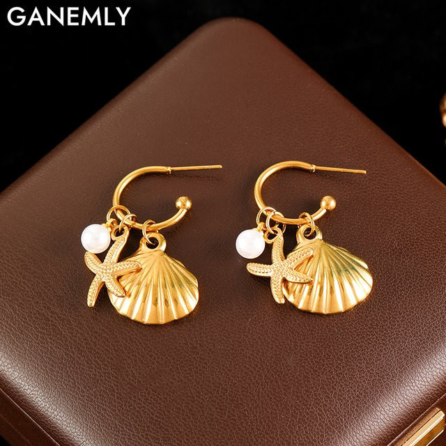 GANEMLY Ohrstecker, 316L Edelstahl, Shell Seestern, Damen - Bild 1