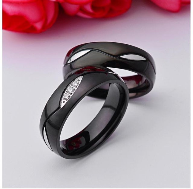 YIRAN Partnerring Edelstahl, Schwarz, Zirkonia, Unisex - Bild 1