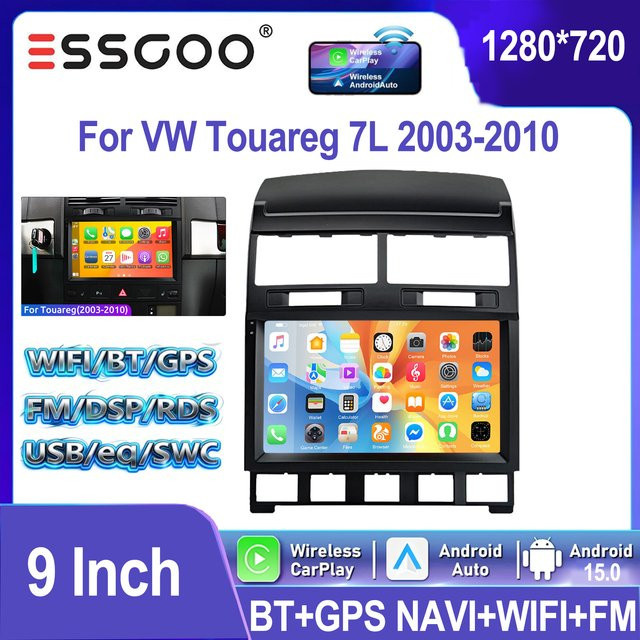 ESSGOO Android 15 Autoradio mit 9 Zoll IPS Touchscreen für VW Touareg 7L 2003-2010 in Schwarz mit Wireless Apple CarPlay, Android Auto, GPS, WLAN und Bluetooth - Bild 1