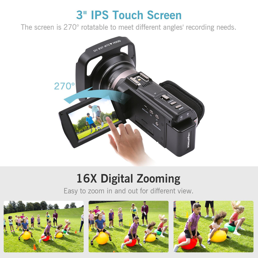 Andoer 4K 60FPS Ultra HD Digital Videokamera Camcorder mit 48MP, 16X Zoom, 3 Zoll drehbarem LCD Touchscreen und Wi-Fi in Schwarz - Bild 5