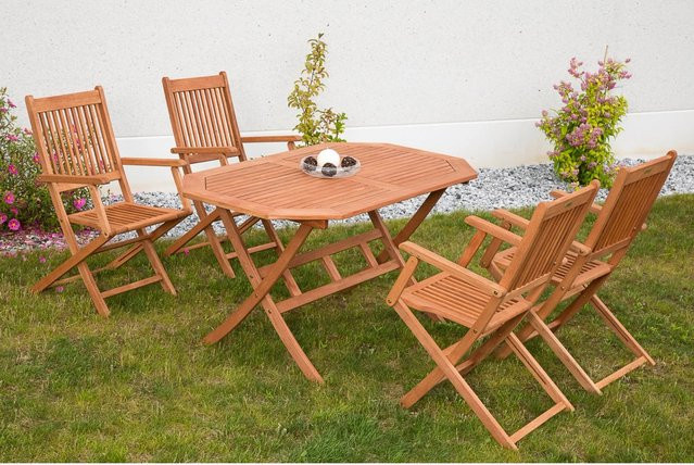 Merxx Gartenmöbelset Rio 5-tlg. aus Eukalyptusholz in Beige, bestehend aus 1 Klapptisch und 4 Klappsesseln, Tisch Maße B: 135 cm, T: 85 cm, H: 75 cm - Bild 1
