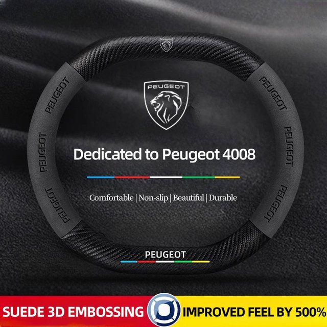 Lenkrad Abdeckung D-Form aus Carbon Faser und Wildleder für Peugeot 3008 4008 5008 208 e208 2008 e2008 408 in Schwarz - Bild 1