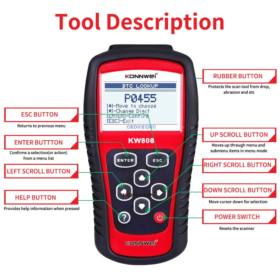 KONNWEI KW808 OBD2 Diagnose Scanner in Schwarz zur Fehlercode-Auslesung und Motorlicht-Überprüfung - Bild 4