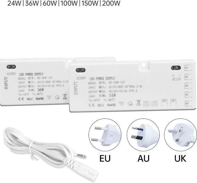 Dupont Port LED-Netzteil Netzadapter für LED-Schrankbeleuchtungsstreifen mit EU AU UK Stecker in Weiß - Bild 1