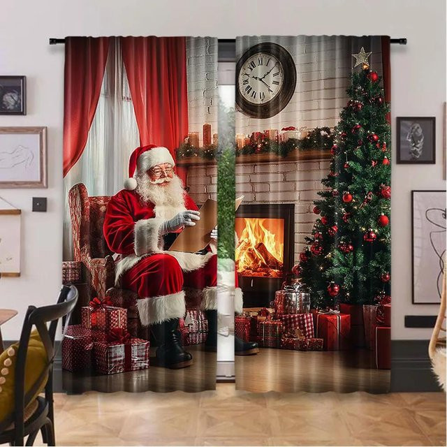 2er-Set Weihnachtsvorhänge mit Weihnachtsmann-Motiv in Grau, halbtransparent, Polyester, Breite: 75 cm, Höhe: 166 cm - Bild 1